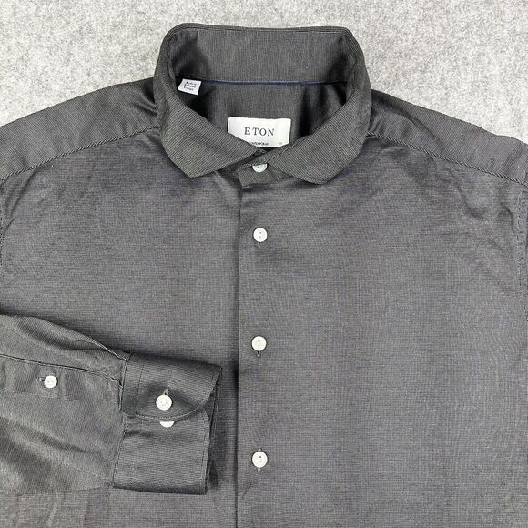 Eton Shirt Mens 17 Black Contemporary Fit Button Performance Stretch Long Sleeve - Picture 1 of 14